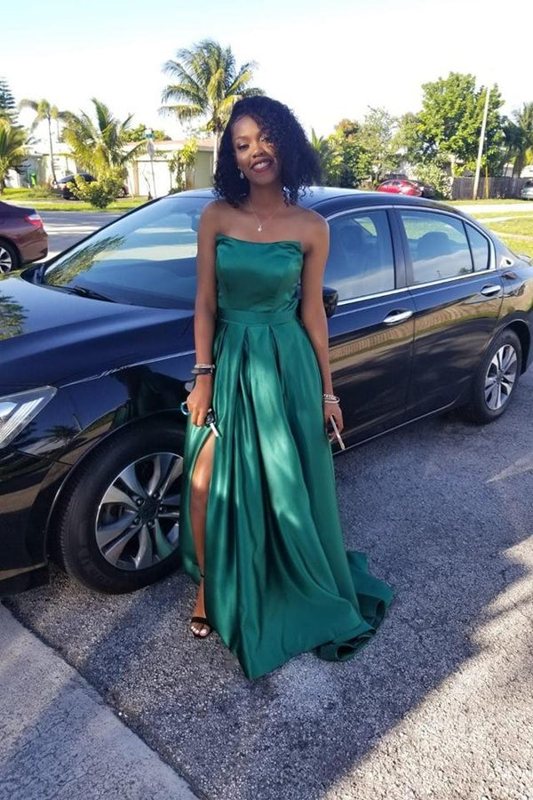 SSR1264,Hunter Green Satin Prom Dresses, Strapless Maxi Long Dress with Side Slit