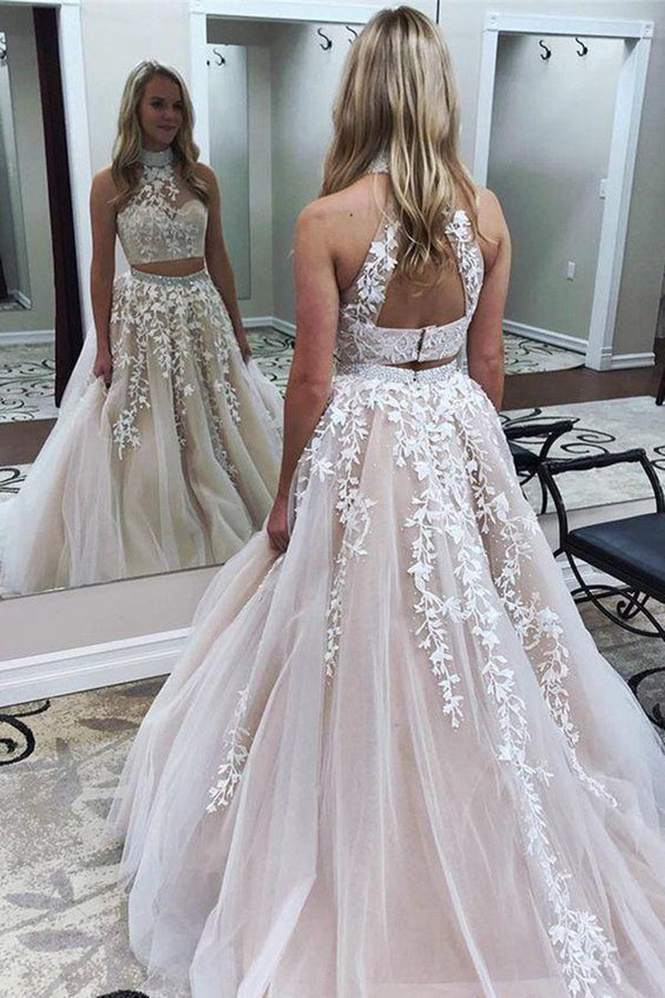 SSR0107,Modest Teens Long Prom Dress,2 Piece Lace Freshman Graduation Prom Gown