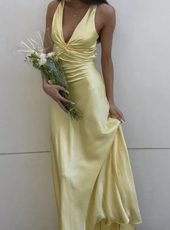 Yellow V Neck Backless Elegant Party Dress Wedding Guest Dress Sexy Evening Dress
