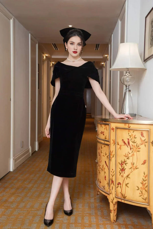 Cover Shoulder Midi Velvet Dress Bodycon Midi Dress Wedding Guest Party Dresses Elegant Black