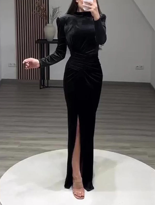 Sheath / Column Evening Gown Elegant Dress Formal Cocktail Party Floor Length Long Sleeve High Neck Velvet with Slit Black