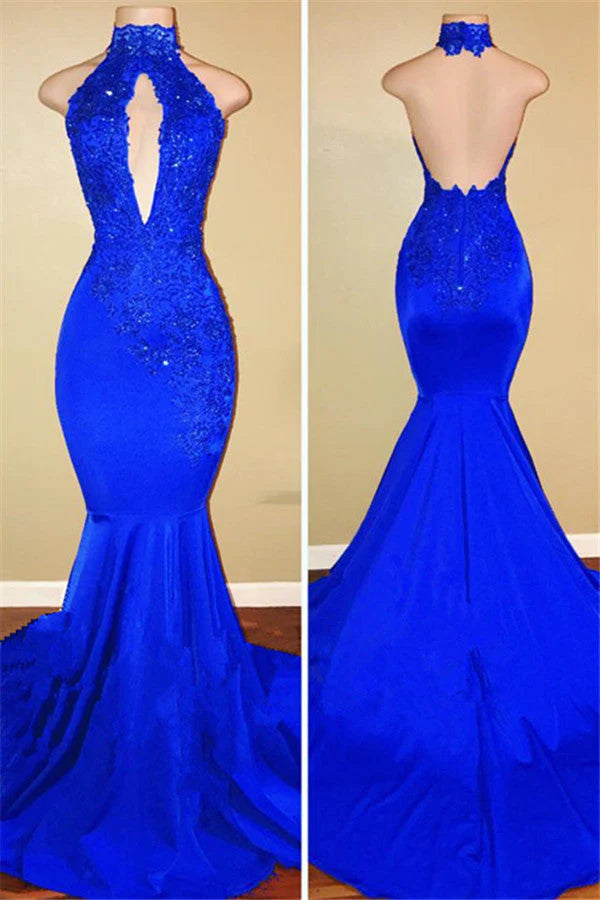 Halter Backless Sexy Prom Dresses with Lace Appliques Mermaid Sleeveless Evening Gown,SSR1118