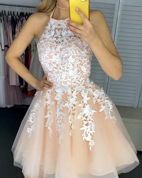 SSR0478,Halter Applique Lace Homecoming Dresses Short Tulle Prom Dress