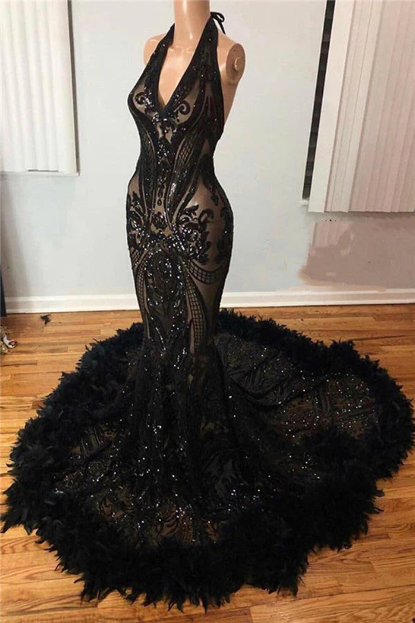 Halter Shiny Sequins Feather Prom Dresses | Mermaid Sleeveless Sexy Evening Gowns,SSR1154