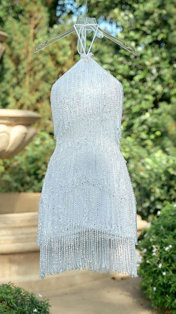 Halter White Beaded Tassel Cocktail Homecoming Dresses, SSR3330