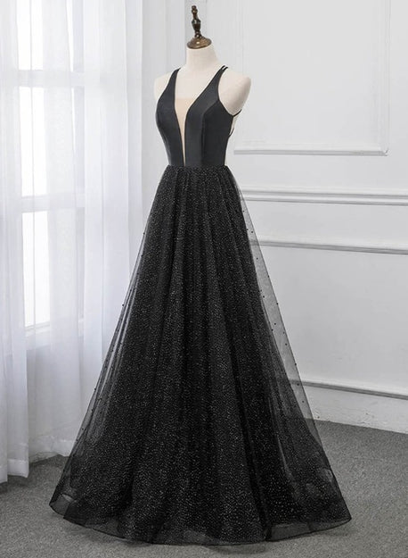 Black V-neckline Tulle and Satin Long Straps Cross Back Prom Dress Floor Length Evening Dress Sexy