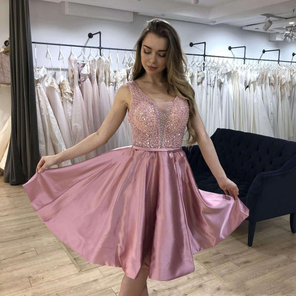 SSR0489,Pink Homecoming Dresses Beaded V-neck Mini Prom Dress A-Line Graduation Dresses