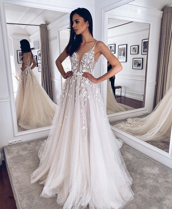 SSR0005,Honest Spaghetti Straps A-line Tulle V-back Wedding Dress,White Applique Wedding Gown
