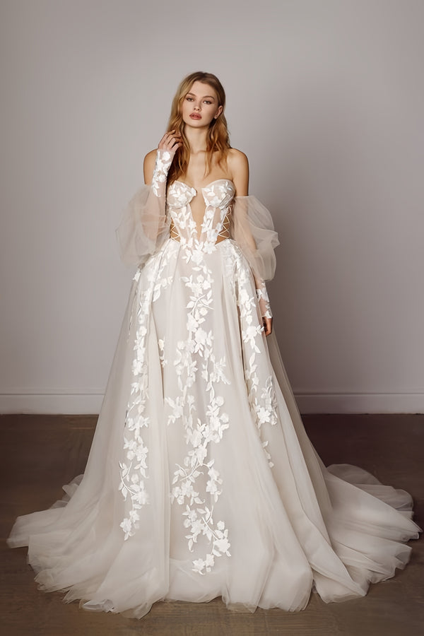 High Quality Applique Tulle White Bridal Wedding Dress,SSR1029