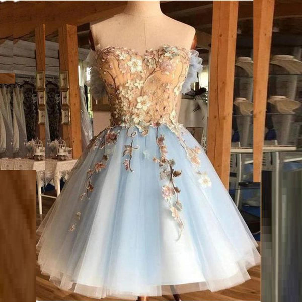 SSR0517,Light blue off the shoulder floral homecoming dresses mini tulle prom dresses