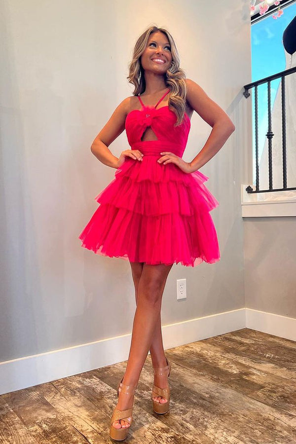 Hot Pink Ruffle Tulle Homecoming Dresses, SSR2903