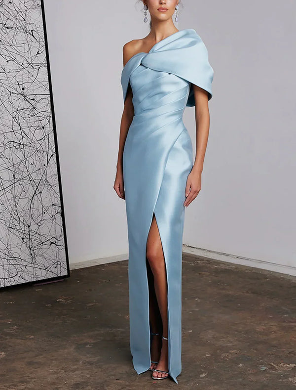 Sheath / Column Evening Gown Elegant Dress Formal Wedding Floor Length Sleeveless One Shoulder Satin with Ruched Slit Sky Blue