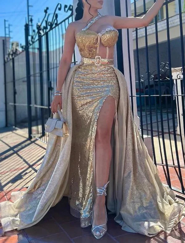 Mermaid / Trumpet Evening Gown Sparkle Dress Carnival Wedding Sweep / Brush Train Sleeveless Halter Neck Belt / Sash Sequined with Overskirt And Slit