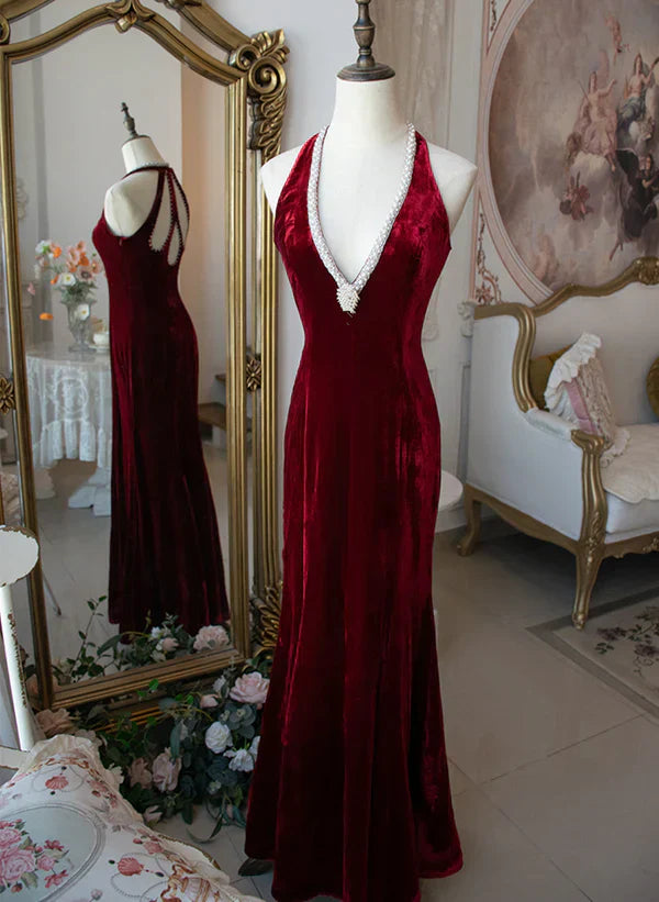 Wine Red Velvet Deep V-Neck Mermaid Beaded Long Party Dress Prom Dress Evening Dress
