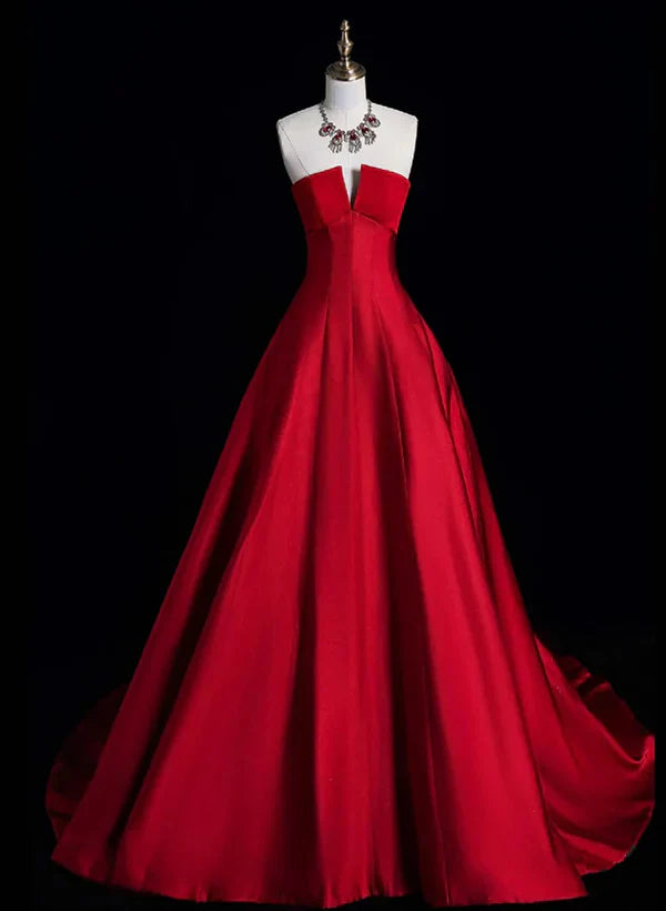 A-Line Ballgown Red Simple Satin Long Party Dress Evening Dress Formal Dress Off Shoulder