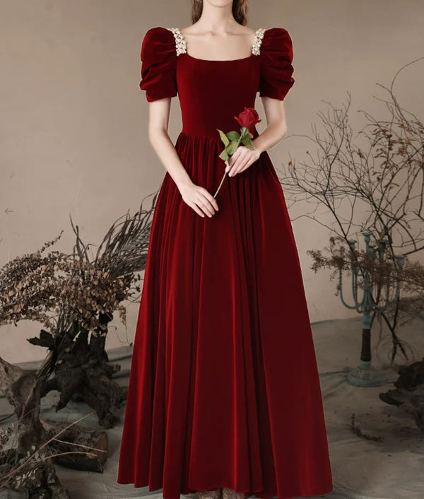 A- Line Velvet Burgundy Long Prom Dress Formal Dress Elegant Evening Dress december wedding guest dress