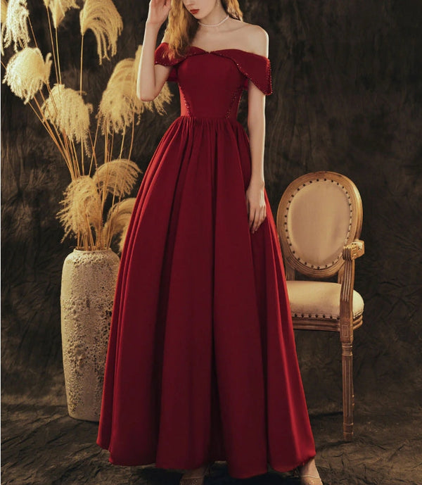 A-Line Off Shoulder Satin Burgundy Long Prom Dress Formal Evening Dress december wedding guest dress