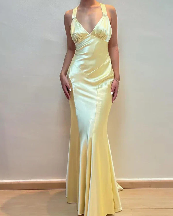 Light Yellow V Neck Vintage Mermaid Long Party Dress Evening Dress wedding guest dress