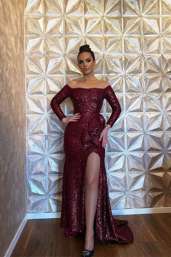 Burgundy Long Sleeve Sequin Mermaid Evening Dress With Split Off Shoulder Sparkly Party Dress