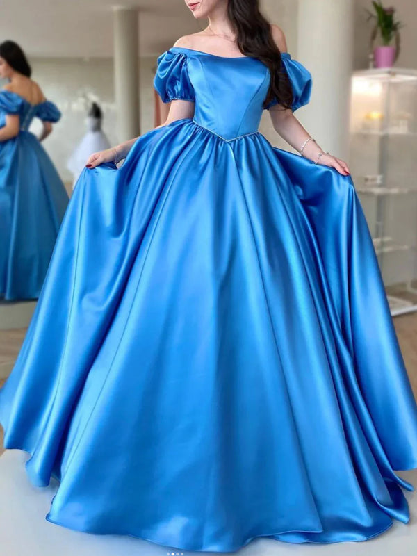 Blue Satin Long Prom Dress A Line Graduation Dresses Off Shoulder Elegant Evening Dress