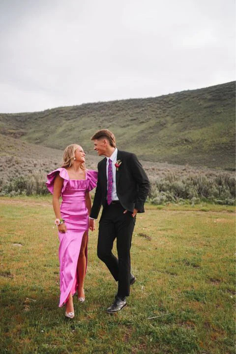 Elegant Square Neck Short Sleeves Long Prom Dress with Slit Charming Party Dress