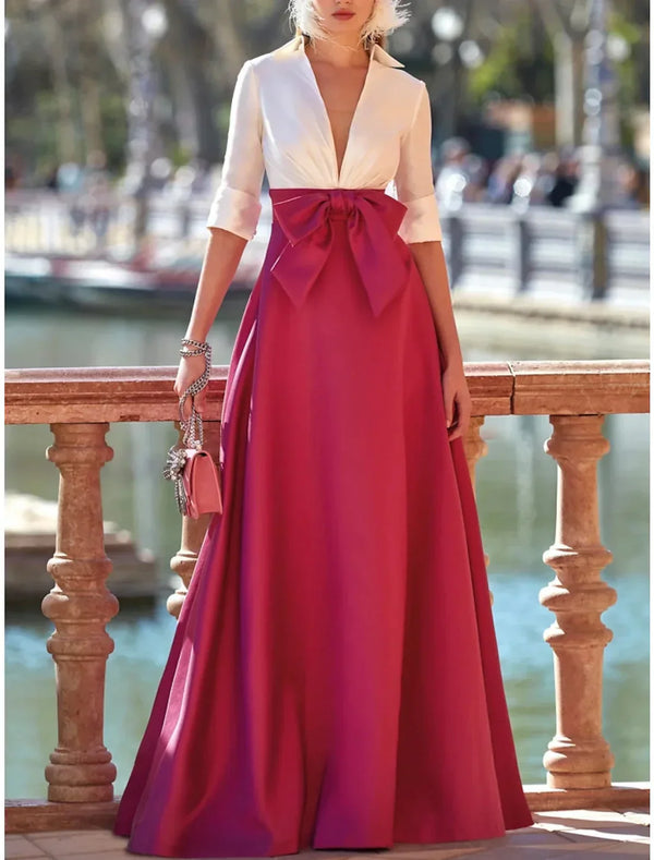 A-Line Evening Gown Elegant Dress Formal Floor Length Half Sleeve V Neck Satin with Bow(s) Pleats Sexy
