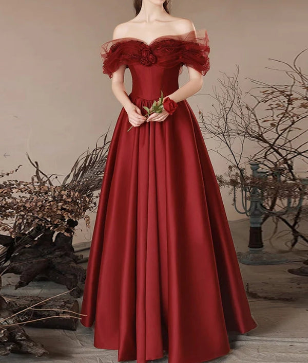 A-Line Off Shoulder Satin Burgundy Long Prom Dress Formal Dress Elegant Evening Dress