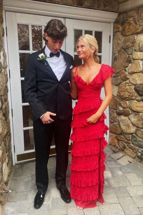 Red Lace Long Prom Dress Tiered Evening Dresses Graduation Gown With Slit