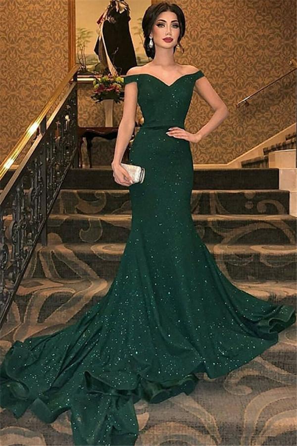 Dark Green Off The Shoulder Mermaid Evening Dress Floor Length Elegant Sparkly