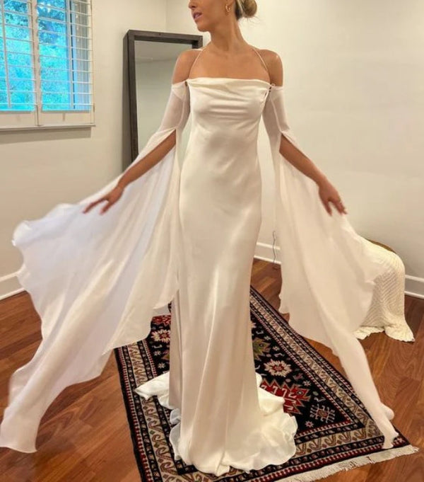 Elegant Halter Off Shoulder Sheath Satin Unique Long Party Dress Evening Dress Wedding Dress