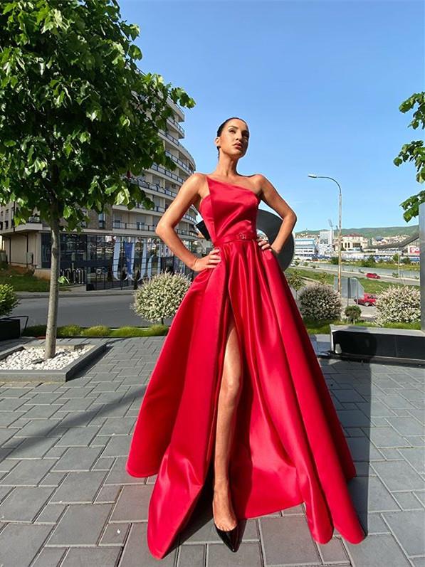 Strapless Long A-line Red Satin Prom Dresses Simple Elegant Prom Dresses Charming Evening Party Dress