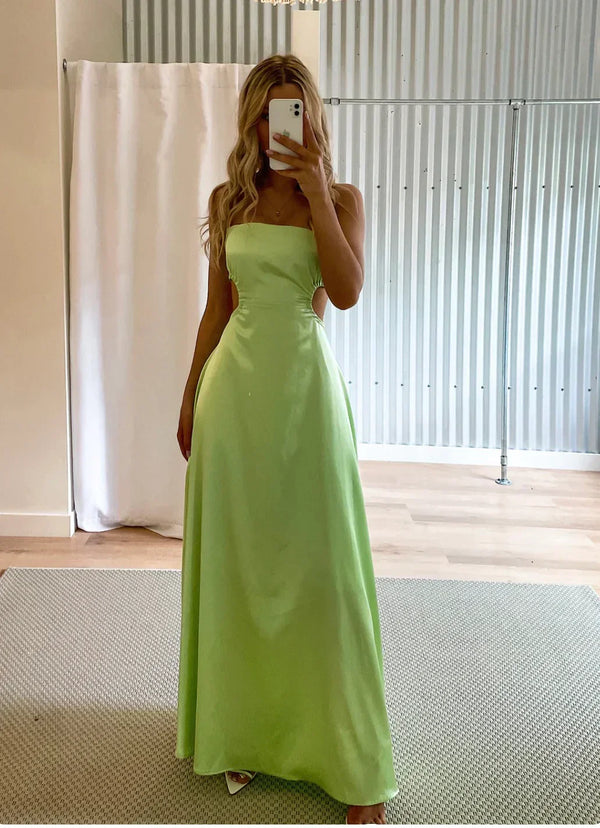 Green Strapless A-Line Backless Long Party Dress Wedding Guest Dress Charming