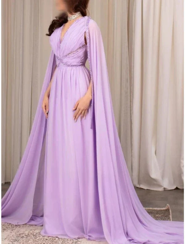 A-Line Evening Gown Elegant Dress Formal Fall Court Train Long Sleeve V Neck Chiffon with Pleats Sequin Floor Length