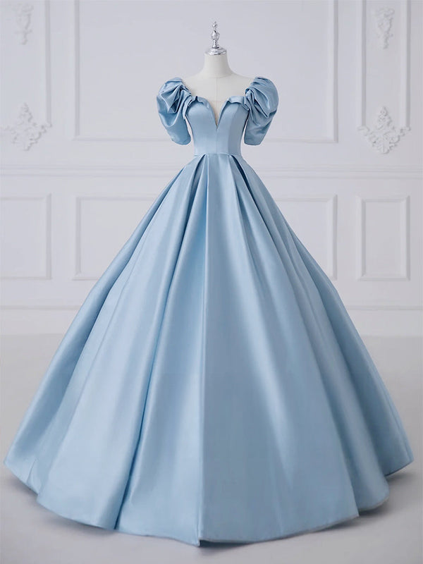 A-Line Satin Blue Long Prom Dress Formal Dress Short Sleeves Elegant Evening Dress