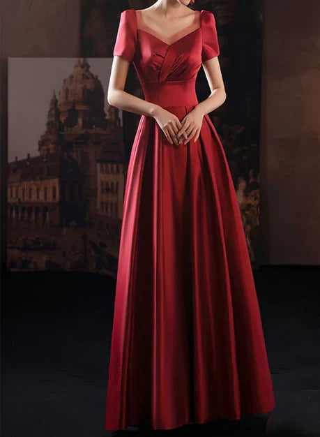 Wine Red Satin Low Back Lace-up Short Sleeves Party Dress Formal Dresses Elegant Evening Dress