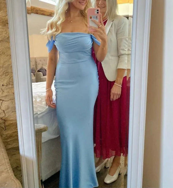 Light Blue Off Shoulder Long Party Dress Wedding Guest Dress Simple Formal Dress