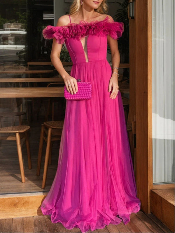 Fuchsia A Line Prom Dress Off The Shoulder Evening Dress Floor Length Sexy