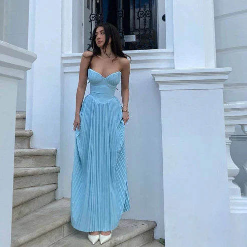 Dress Strapless Blue A Line Pleated Long Prom Dress Wedding Guest Dress Charming Evening Party Dress