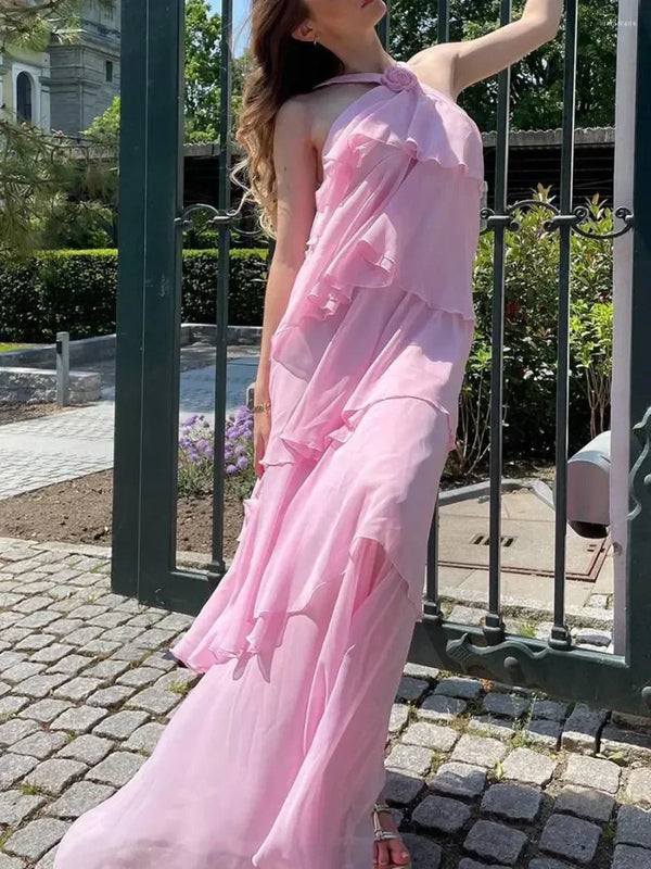 Elegant Flower Halter Neck Pink Long Prom Dress Charming Evening Party Dress
