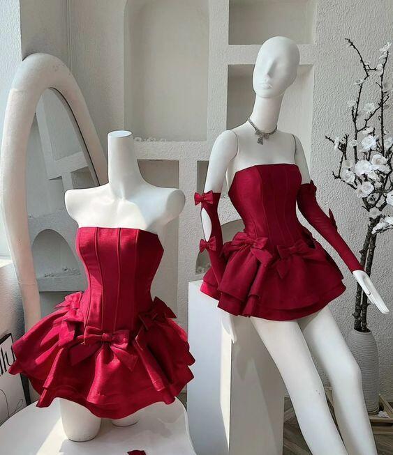 Red Strapless A-Line Ruffles Bowknot Birthday Outfits Homecoming Dress Party Dress