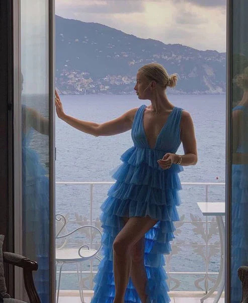 Blue V Neck High Low Tulle Party Dress Homecoming Dress Charming Formal Dress