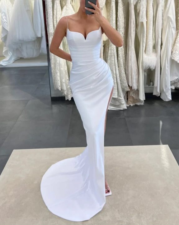 White Spaghrtti Straps Mermaid Long Prom Dress with Slit Sexy Party Dress