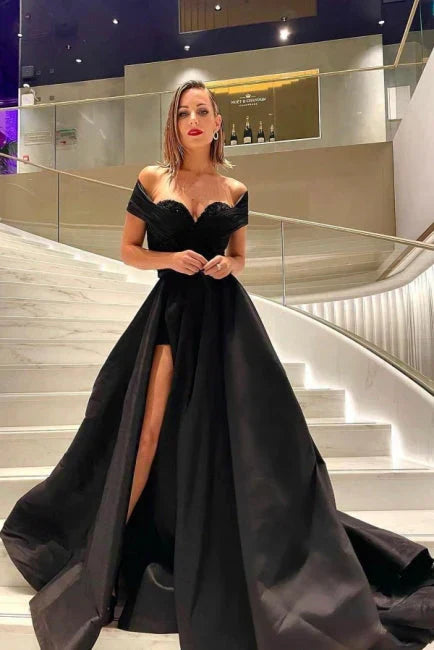 Black A-Line Off Shoulder Sweep Train Long Prom Dress with Slit Charming Evening Dress