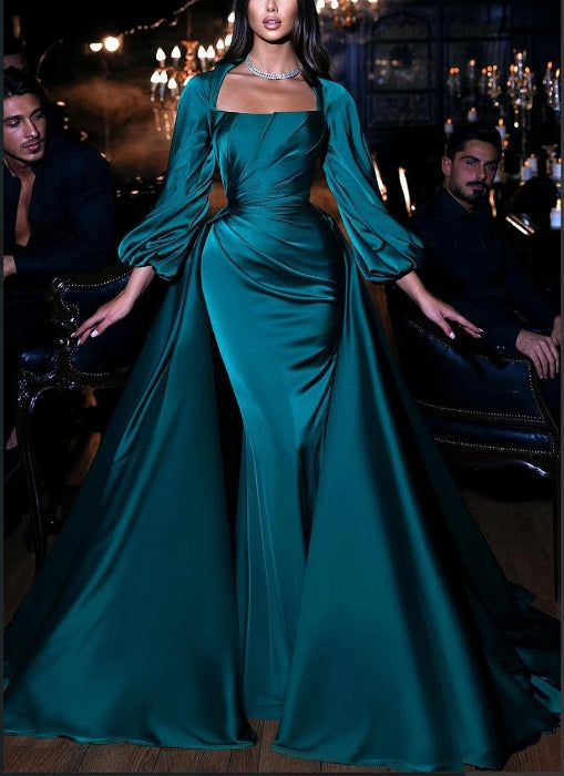 Elegant Long Sleeves Floor Length Mermaid Prom Dress With Detachable Train Evening Dress