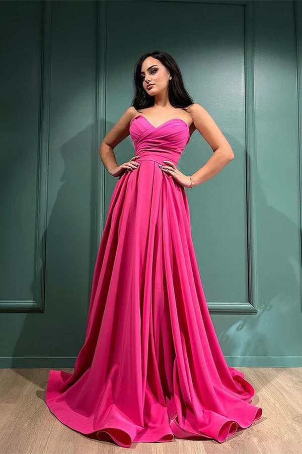 Fuchsia Sweetheart Long Evening Dress With Split Off Shoulder Floor Length Party Dress