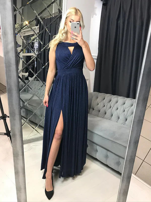 Simple Jewel A-line Prom Dresses Lace Evening Gowns Sparkly Party Dress With Slit