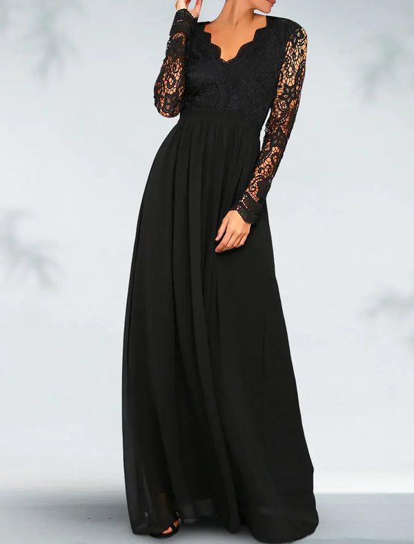 A-Line Evening Dress Black Dress Plus Size Open Back Dress Formal Wedding Guest Floor Length Long Sleeve V Neck Gothic Chiffon with Pleats Mother of the Bride Dress