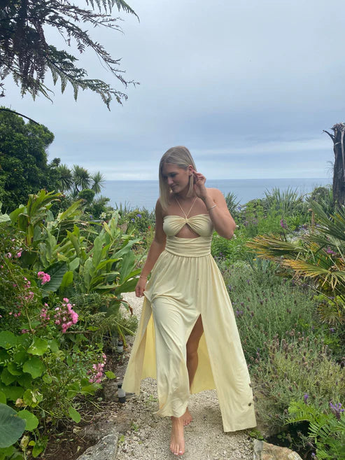 Light Yellow Backless A-Line Long Party Dress with Slit wedding guest dress