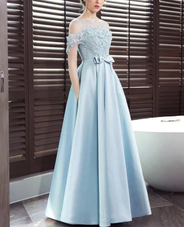 Blue Satin A-line Lace Off Shoulder Floor Length Party Dress Prom Dress Evening Dress With Bow