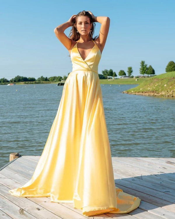 Yellow Long Prom Dress Cross Back Simple Evening Party Dress Formal Dress